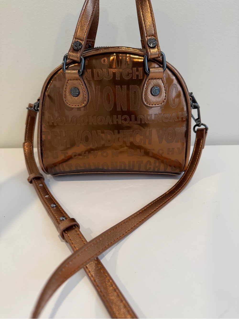 Von Dutch Metallic Brown Mini Dome Crossbody Satchel - Picture 3 of 3